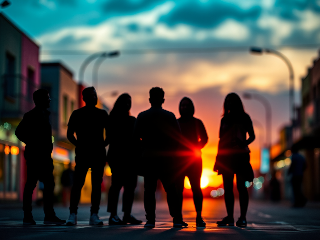 Regenerate an abstract silhouette image of five people standing in a colorful urban environment, use a Canon EOS R5, 50mm lens, f/1.8 aperture, ISO 100, at sunset with a shallow depth of field for a vibrant bokeh background.