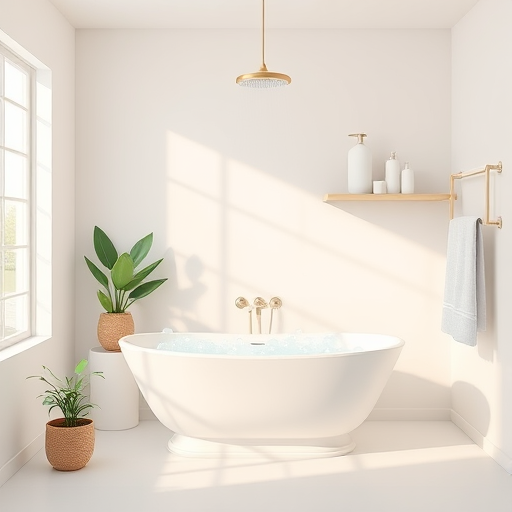 Regenerate a minimalistic bathroom illustration with a freestanding bathtub filled with bubbles, a showerhead above, neatly arranged bath products on shelves, towels hanging, with a potted plant, using a wide-angle lens at f/8, 1/125 sec shutter speed, ISO 200, natural lighting for enhanced clarity and detail.