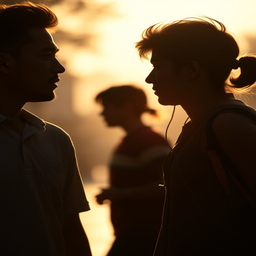 Regenerate an image of three silhouetted figures walking with earphones, capture in high-resolution with a DSLR camera, 50mm lens, f/1.8 aperture, ISO 200, natural lighting, with a soft focus background to enhance foreground clarity and detail.