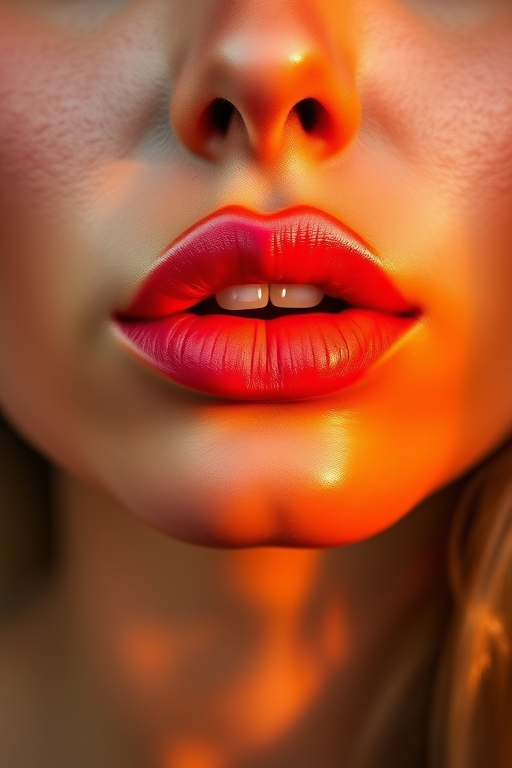Ombre sunset woman lips blending warm oranges and pinks, capturing the essence of a tropical paradise