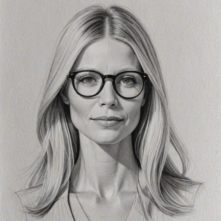 Beauteous Gwyneth Paltrow, pencil sketch, portrait of Bewitching woman 1977s in glasses, hair style beatnik, outline, clear lines, fine lines, 8k