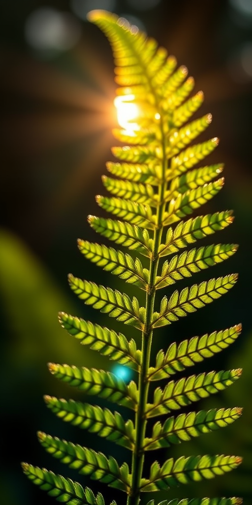macro photography of a backlit fern leaf with sharp focus, f/2.8 aperture, shutter speed 1/400s, ISO 100, 85mm lens, natural light, DSLR camera, shallow depth of field
