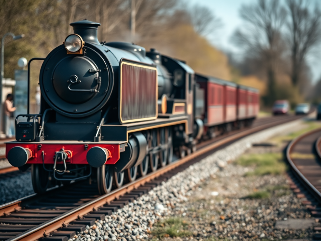 Create a high-resolution image of a vintage steam locomotive on tracks, captured at a 50mm focal length with an aperture of f/2.8, using a DSLR camera in natural light, ensuring sharp focus on the train and a blurred background to enhance depth of field.