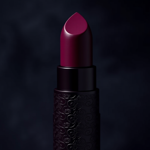 Mysterious deep plum matte lipstick in "Midnight Velvet" style, accentuated by intricate lace-like patterns etched into the surface, creating an alluring and sophisticated look