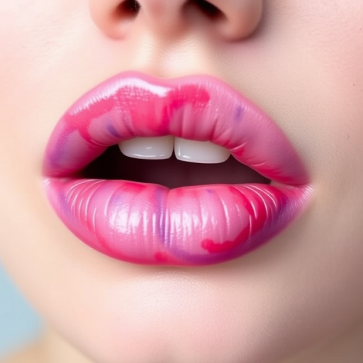 Watercolor-effect lips with soft, blended hues of pink, purple, and blue, creating a dreamy and artistic appearance for a whimsical makeup tutorial