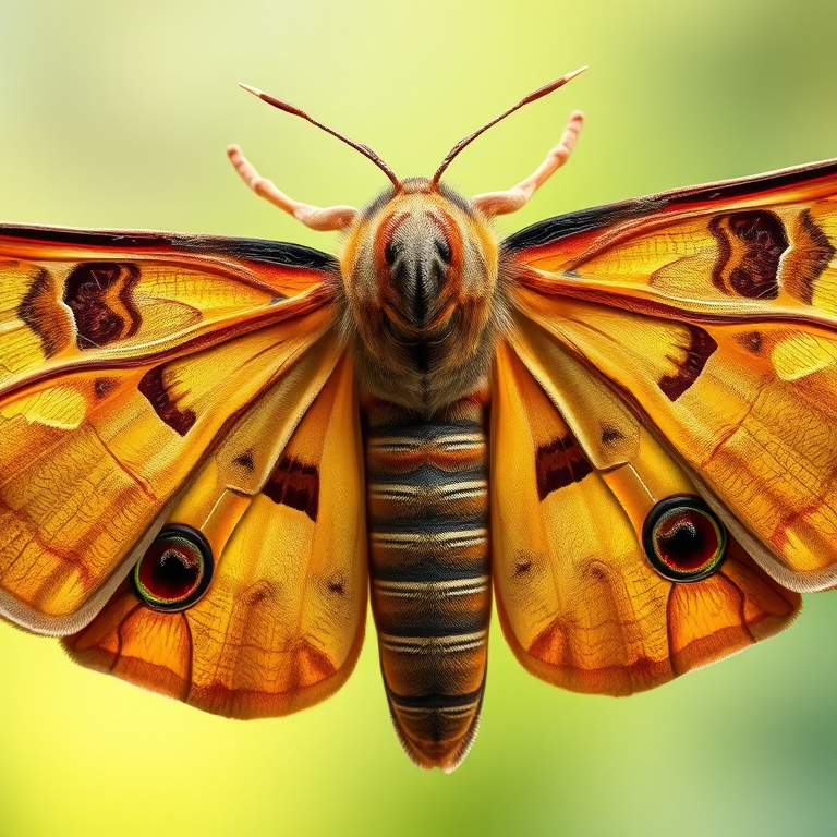 Create a high-resolution digital illustration of a hawk moth with detailed textures, using a macro lens at f/8 aperture, ISO 100, 1/200s shutter speed, top-down view, with a soft natural light background for enhanced colors and clarity.