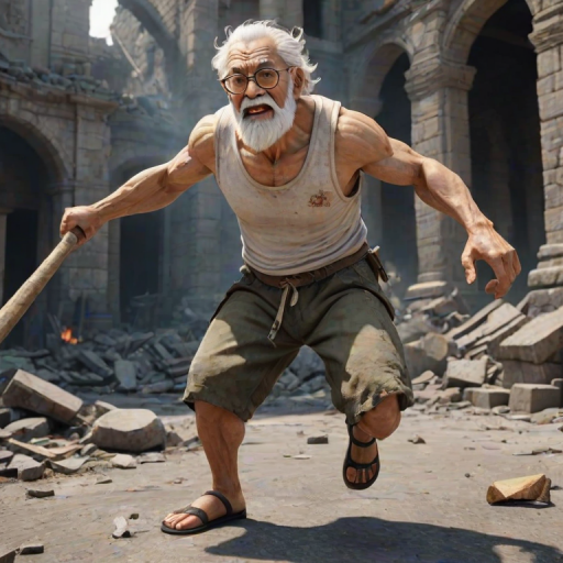 Cartoon 3D High-Resolution,dynamic battle scene using Unreal Engine 5 and Octane Render. The scene features back of an elderly, thai man with a beard,messy hair and round golden-rimmed glasses. He is wearing a tattered tank top with soot marks, shorts, and sandals. sweating. he wields a baseball bat. He jump to fight with a white fire-breathing Europe dragon amidst a partially destroyed stone castle. Include intense flames, smoke, and debris to enhance the dramatic effect.
