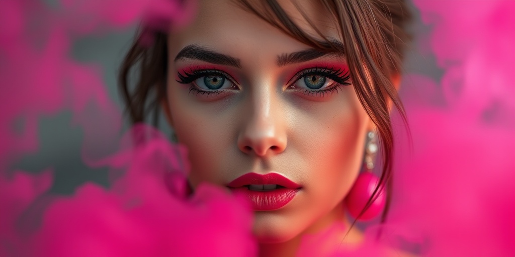 portrait of a young woman with striking makeup and soft pink smoke surrounding her, shallow depth of field, 50mm lens, f/1.8, ISO 100, natural lighting, high dynamic range, captured with a DSLR camera