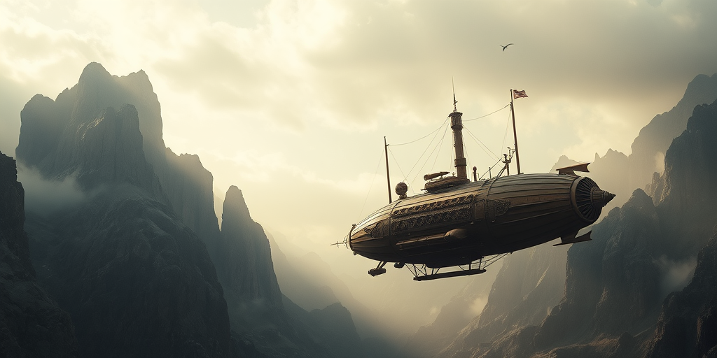 steampunk airship floating through a dramatic landscape with towering mountains, soft diffused lighting, intricate mechanical details, ultra-high resolution, camera settings: aperture f/8, ISO 100, shutter speed 1/125s, camera view: wide-angle, camera style: digital painting, camera type: DSLR