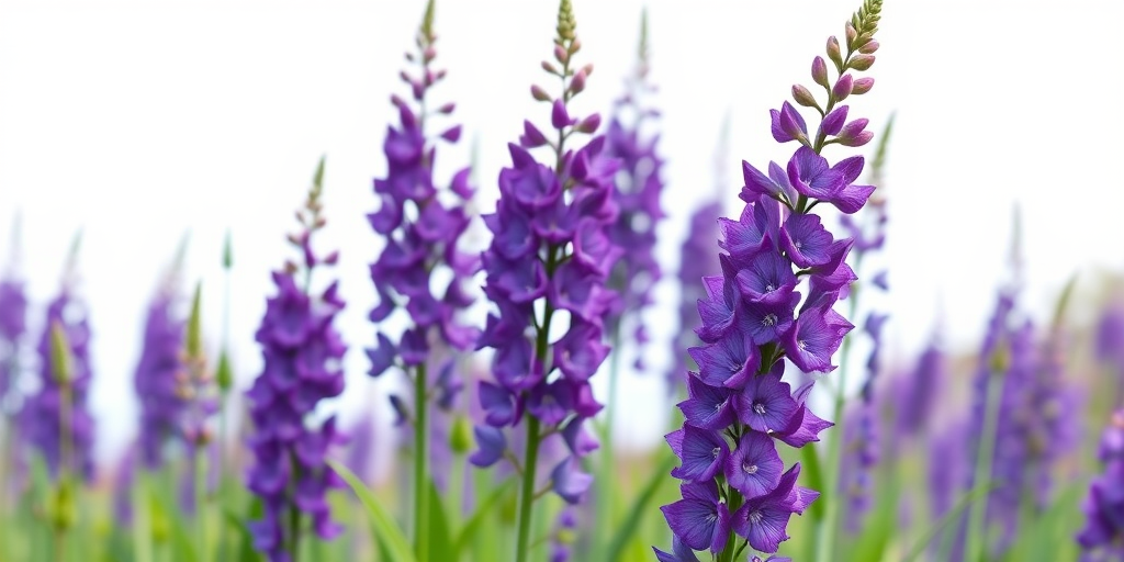 Create a detailed vector illustration of tall purple delphinium flowers with vibrant green leaves in a bright, clean style, using a Canon EOS R5 with 24-70mm f/2.8 lens, shot at f/5.6, ISO 100, 1/200 sec, in natural light with a soft focus background to enhance the floral subject.