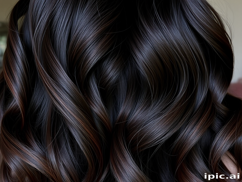 Sultry dark espresso waves christened "Midnight Silk" cascading down in glossy S-shaped curves, accentuated by subtle mahogany lowlights