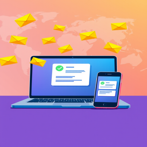 Create a digital illustration of a laptop and smartphone displaying email notifications, with yellow envelopes flying towards a map of the world in the background, using a Canon EOS R5 camera, 35mm lens, aperture f/8, ISO 100, and a vibrant color palette.