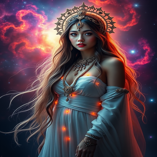 A cosmic goddess with long flowing hair, intricate jewelry, and a glowing dress, set against a vibrant nebula background, captured with a Canon EOS R5, 85mm f/1.2 lens, aperture f/1.2, ISO 100, with soft-focus and high dynamic range.