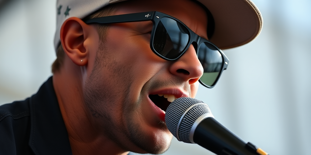 Close-up shot of a male musician singing into a microphone, wearing sunglasses and a cap, natural light, f/2.8 aperture, ISO 100, 1/500 sec shutter speed, taken with a DSLR camera in a concert setting.