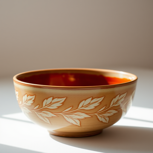 Ceramic bowl with leaf engravings, warm brown interior, soft natural lighting, taken with a DSLR camera, 50mm lens, f/2.8 aperture, ISO 100, 1/250 sec, in a studio setting with a neutral background.