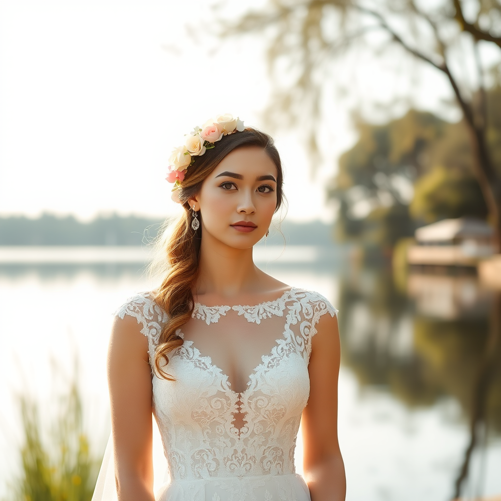 water front lake scene, bridal model, delicate lace gown, floral headpiece, soft romantic focus, high-key lighting and an 85mm lens for soft, even tones that highlight the model’s face and bright outfit against a white or light background