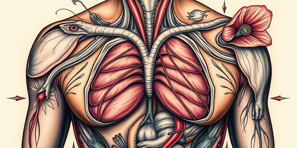 Anatomical tattoo named "Inner Workings" showcasing highly detailed and scientifically accurate depictions of human anatomy with a mix of realistic rendering and artistic interpretation in a visually striking composition