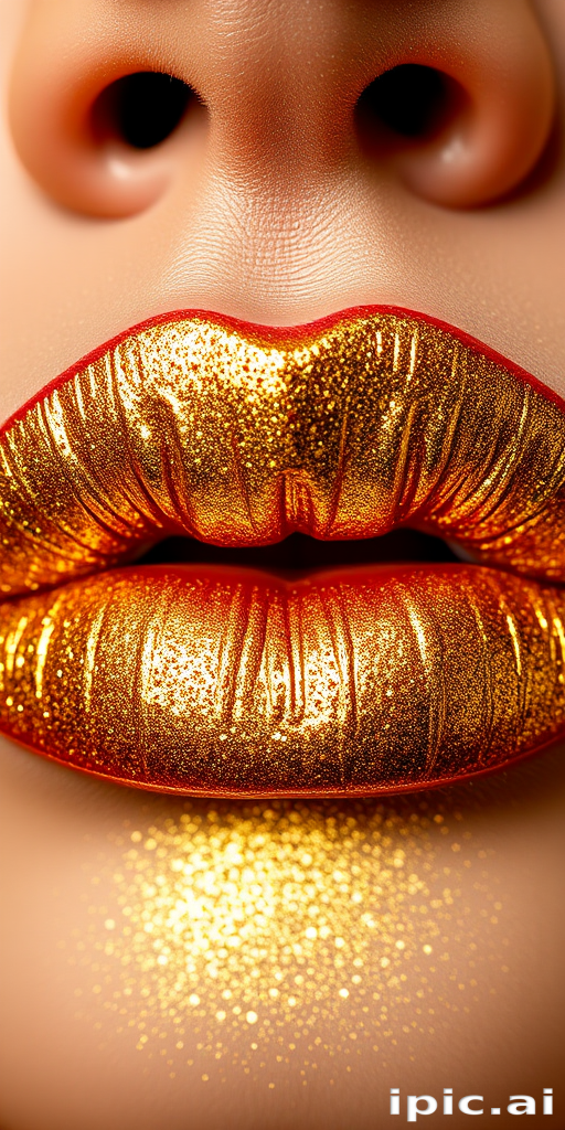 Glittery gold liquid lipstick "Midas Touch" combining intense metallic pigments with fine glitter particles for a dazzling and luxurious lip look