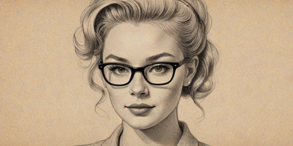 Splendid Raelynn, pencil sketch, portrait of Lovely woman 1953s in glasses, hair style beatnik, outline, clear lines, fine lines, 8k