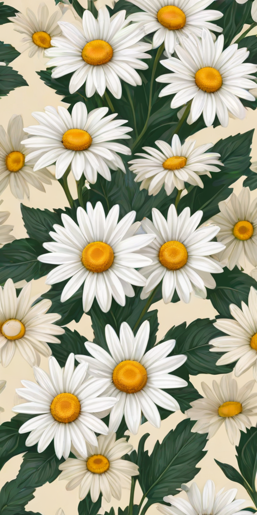 Create a seamless pattern featuring white daisies with yellow centers and gray-green leaves on a light cream background.