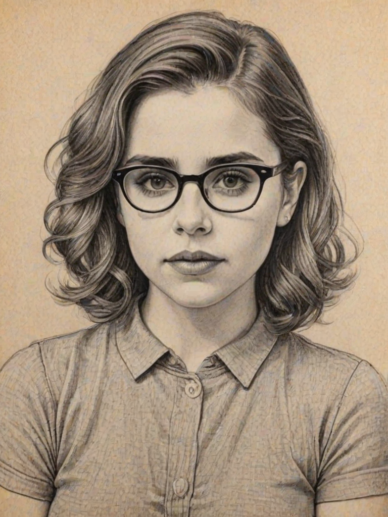 Exquisite Mae Whitman, pencil sketch, portrait of Bewitching woman 1946s in glasses, hair style beatnik, outline, clear lines, fine lines, 8k