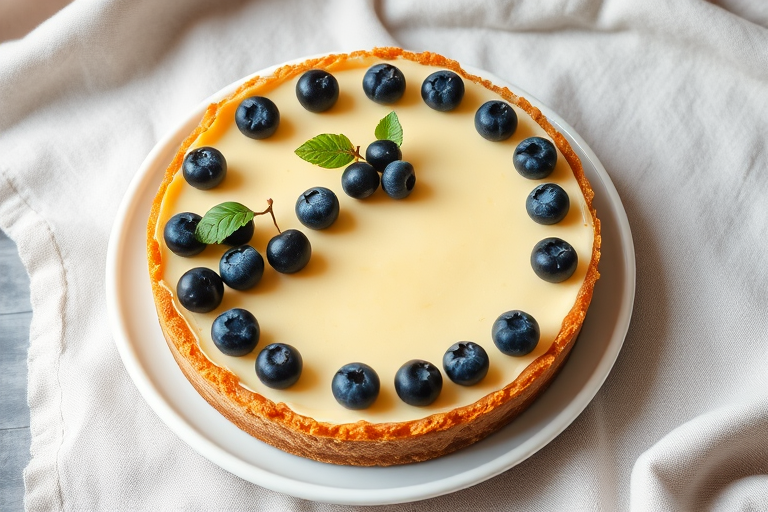 Create an image of a delicious cheesecake with a golden crumb crust topped with fresh blueberries and small green leaves arranged neatly on a white plate placed on a soft textured fabric background.