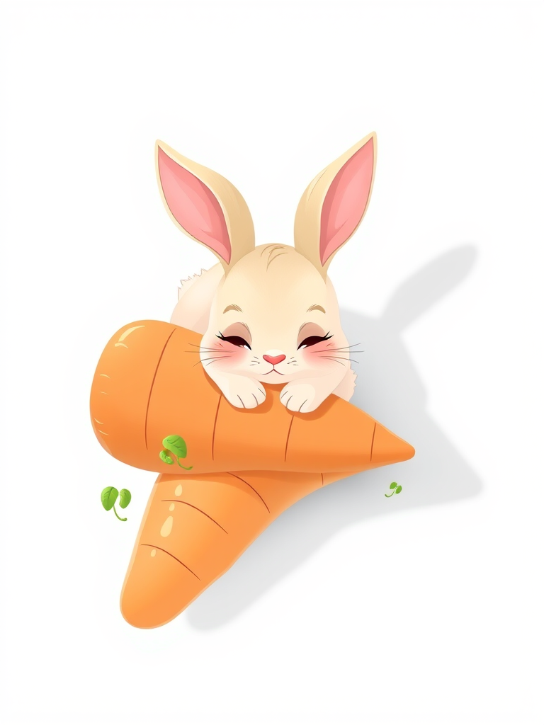 Cute bunny resting on a large carrot, soft pastel colors, clean lines, illustration style, high resolution, 85mm lens, f/2.8 aperture, natural daylight lighting, centered composition, digital art.
