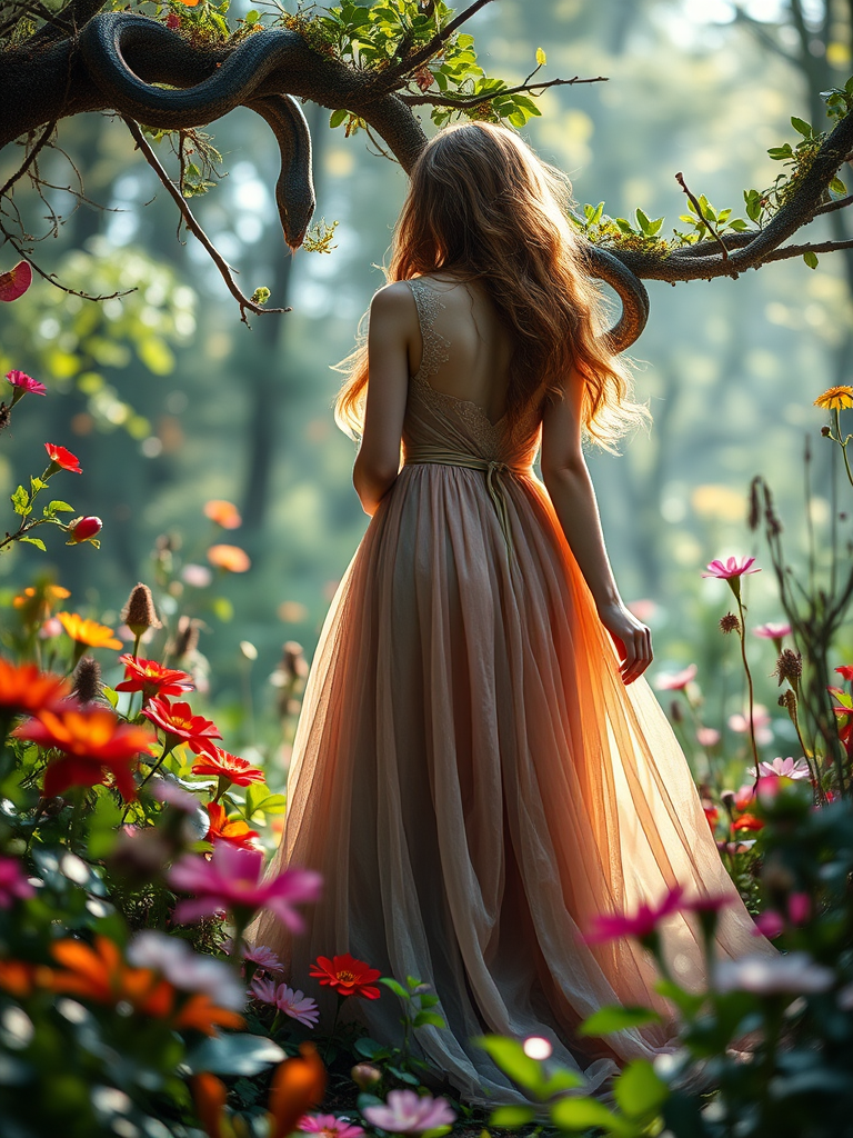 Fantasy forest scene featuring a woman in a flowing gown surrounded by vibrant flowers and a snake coiled on a branch, soft focus background, taken with a DSLR camera at f/2.8, ISO 100, 35mm lens with a shallow depth of field, backlighting to create a magical atmosphere.