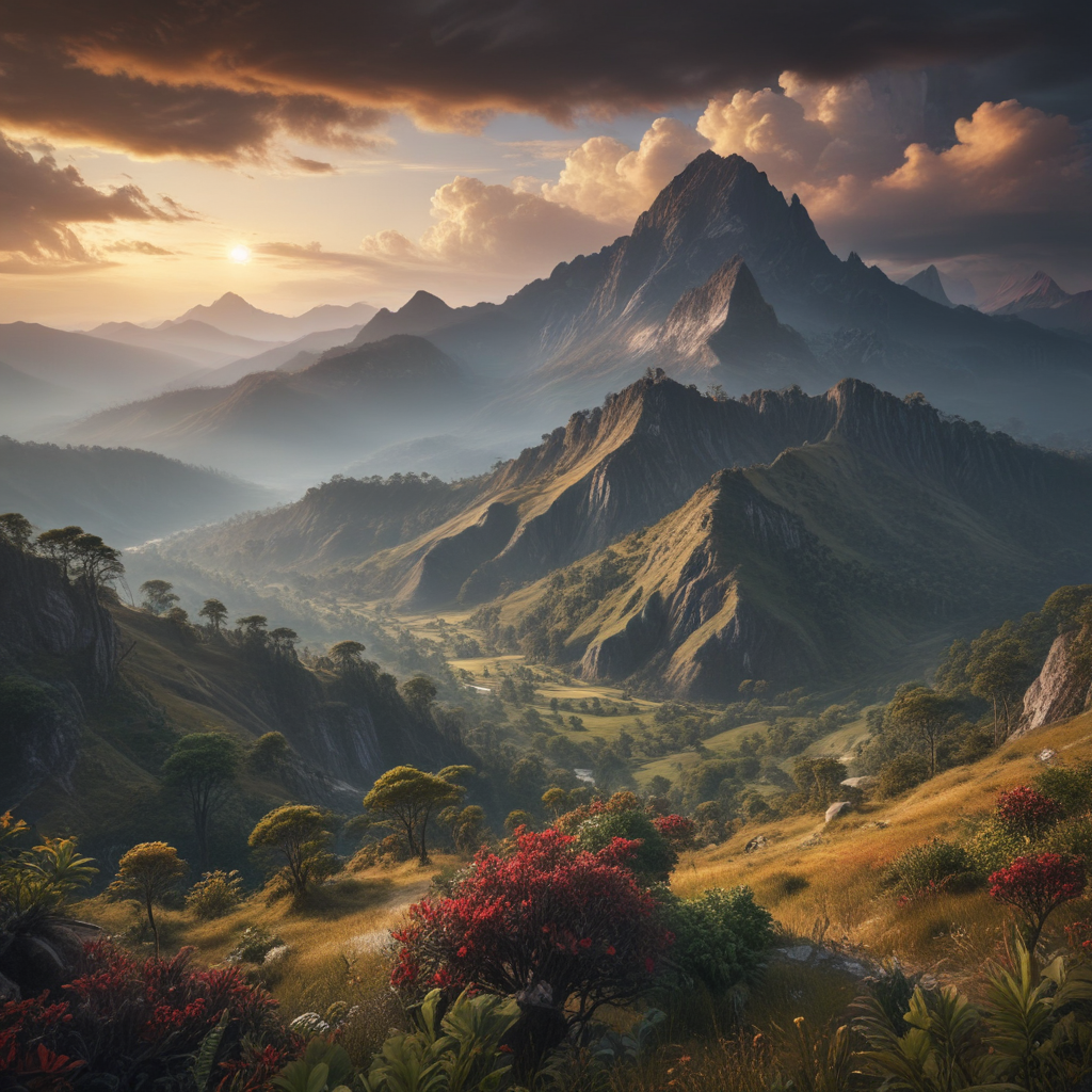Majestic Mountain Landscape at Sunset with Lush Greenery and Vibrant ...