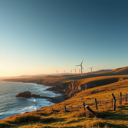 Capture a serene coastal landscape with rolling hills and wind turbines in the background, using a Canon EOS R5, 24-70mm lens at f/8, ISO 100, 1/250s, wide-angle view, with soft natural lighting to enhance image quality.