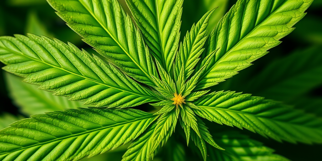 Create a high-resolution image of a stylized green cannabis leaf with intricate textures, shot with a DSLR camera in macro mode at f/2.8, ISO 200, and a shutter speed of 1/100 sec, in natural lighting to enhance color vibrancy and detail.