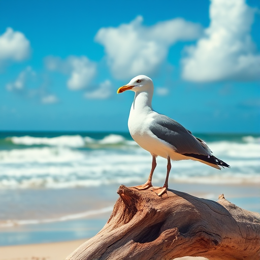 A majestic seagull perched on a driftwood log by the beach with waves gently crashing in the background, vivid blue sky with fluffy clouds, shot with a Canon EOS R5, 85mm lens, f/8, ISO 100, natural lighting, wide-angle view for enhanced detail and clarity.