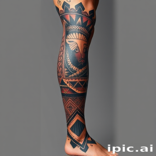 Neo-tribal fusion tattoo covering the entire leg, blending traditional Polynesian patterns with modern geometric elements for a bold and culturally inspired design
