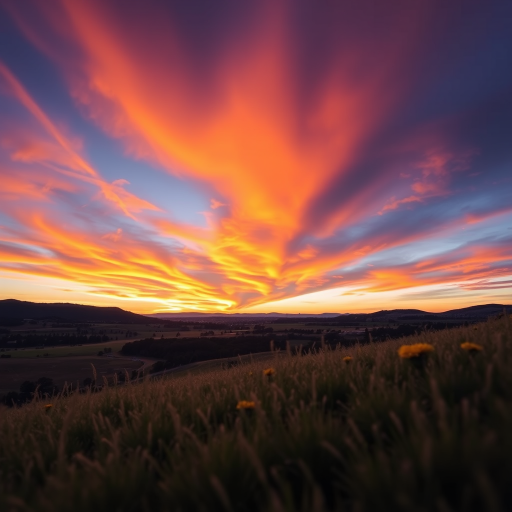 Create a high-resolution image of a serene landscape at sunset with vibrant colors in the sky, using a Canon EOS R5, 50mm lens, aperture f/1.8, ISO 100, shutter speed 1/200s, shot in manual mode from a low angle to capture foreground details.