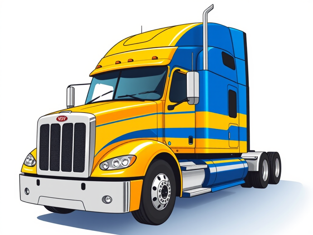 Create a highly detailed illustration of a semi-truck with a vibrant yellow and blue color scheme, shot with a DSLR camera at f/2.8 aperture, 35mm lens, ISO 100, with a wide-angle view, capturing the truck from a slightly low angle to emphasize its size and design.