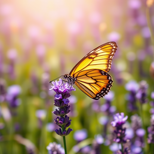 Generate an image of a butterfly perched on a lavender flower in a vibrant field filled with blooming lavender. The background should feature a blur of purple flowers under bright sunlight, creating a lively and colorful atmosphere. The butterfly should have intricate patterns on its wings, showcasing shades of yellow and black.