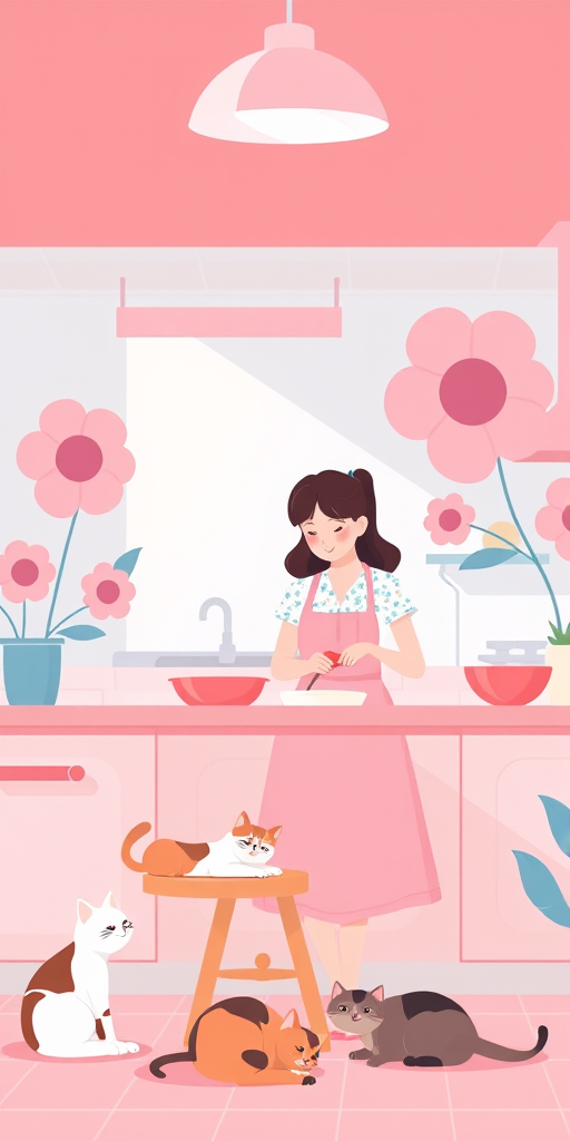 Create a digital illustration of a mother and daughter baking together in a brightly colored kitchen with pink and blue tones, include large, cartoonish flowers in the background, and add a cat lounging on a stool and another cat on the floor, overhead lighting with soft shadows, shot with a wide-angle lens at f/8, 24mm focal length, and a soft color palette in a flat design style.