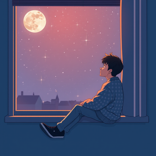 Create a digital illustration of a young man sitting by a window, gazing thoughtfully outside at a starry night sky with a large moon, wearing a cozy sweater and jeans, with soft pastel colors, using a 35mm camera with an aperture of f/2.8, ISO 100, and a warm tone filter to enhance the mood.