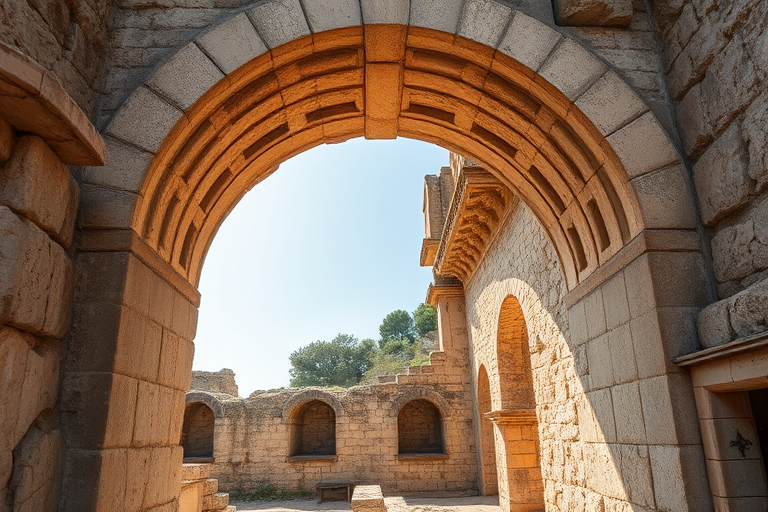 Capture an ancient stone archway with intricate textures and details, using a DSLR camera at f/8 aperture, 1/125 sec shutter speed, ISO 200, wide-angle lens, and a slight downward angle to enhance depth and clarity.