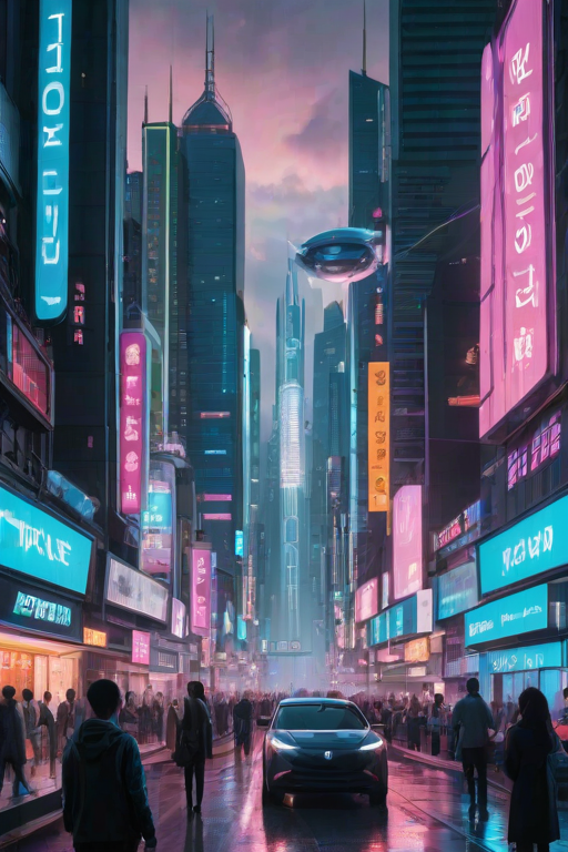 Futuristic cityscape, with sleek skyscrapers and flying vehicles, illuminated by neon lights, bustling streets filled with diverse people, and digital billboards showcasing innovative technology.