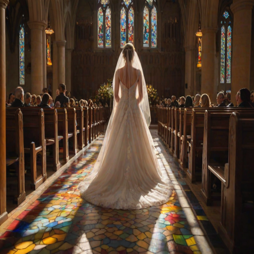 Softly focused photo of a bride walking down a sunlit aisle, soft light filtering through stained glass windows, casting colorful patterns on the floor, with distant guests watching in awe.