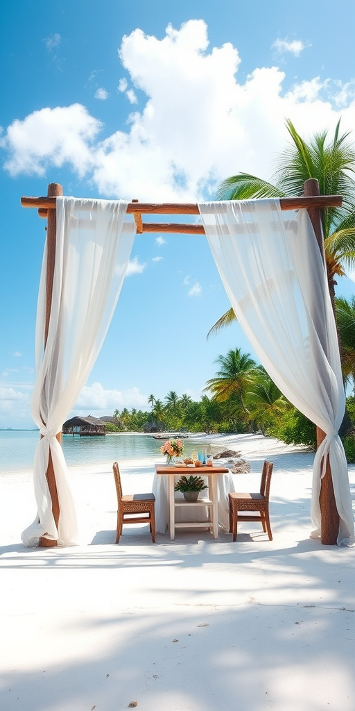 Create a picturesque tropical beach scene featuring a serene, white sandy shore. In the foreground, there's a rustic wooden canopy with white drapes gently flowing in the breeze. Underneath the canopy, a table is set with tropical decor, evoking a sense of relaxation and leisure. The beach extends into a calm, shallow water area with reflections of the sky and surroundings. Palm trees and lush greenery line the edge of the beach, providing a natural, tropical backdrop. The sky is clear with a few scattered clouds, and the overall atmosphere is tranquil and inviting, perfect for a peaceful retreat.