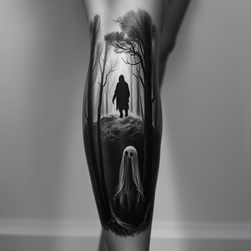 Haunting body tattoo of a ghostly forest scene wrapping around the calf, executed in a unique white-on-black style with ethereal wisps and shadowy figures
