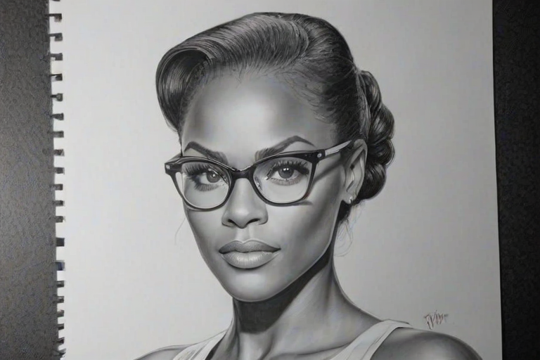 Fascinating Tika Sumpter, pencil sketch, portrait of Gorgeous woman 1942s in glasses, hair style beatnik, outline, clear lines, fine lines, 8k