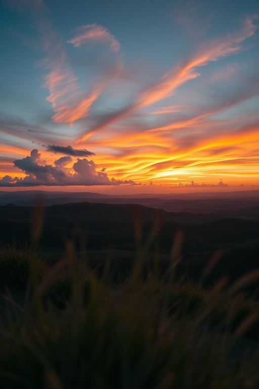 Create a high-resolution image of a serene landscape at sunset with vivid colors and detailed clouds, using a DSLR camera, 50mm lens, f/8 aperture, ISO 200, 1/125 shutter speed, shot from a low angle to emphasize the foreground and create depth.