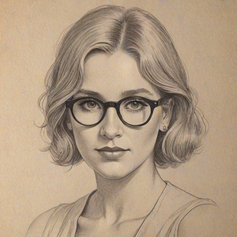 Sublime Kesha, pencil sketch, portrait of Beauteous woman 1931s in glasses, hair style beatnik, outline, clear lines, fine lines, 8k