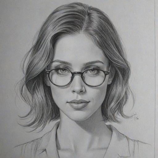 Delightful Kayla Ewell, pencil sketch, portrait of Stunning woman 1931s in glasses, hair style beatnik, outline, clear lines, fine lines, 8k