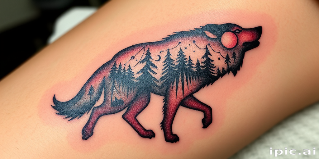 nature-inspired dotwork tattoo featuring a majestic wolf silhouette filled with intricate forest scenes and constellations, gradually fading into the skin for a ethereal effect