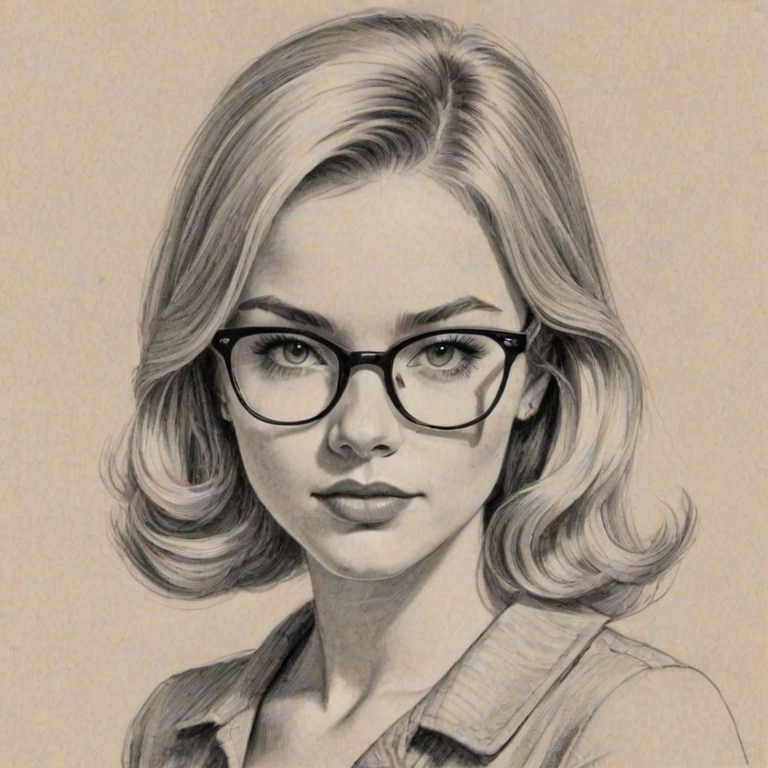 Enticing Sierra McCormick, pencil sketch, portrait of Splendid woman 1960s in glasses, hair style beatnik, outline, clear lines, fine lines, 8k