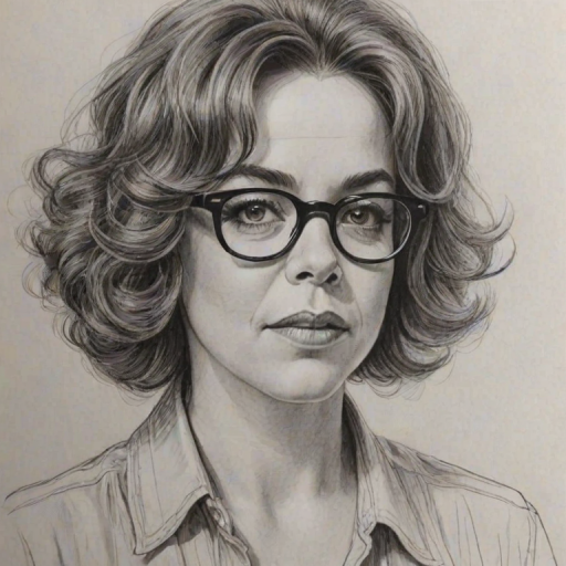 Exquisite Stockard Channing, pencil sketch, portrait of Pleasing woman 1927s in glasses, hair style beatnik, outline, clear lines, fine lines, 8k
